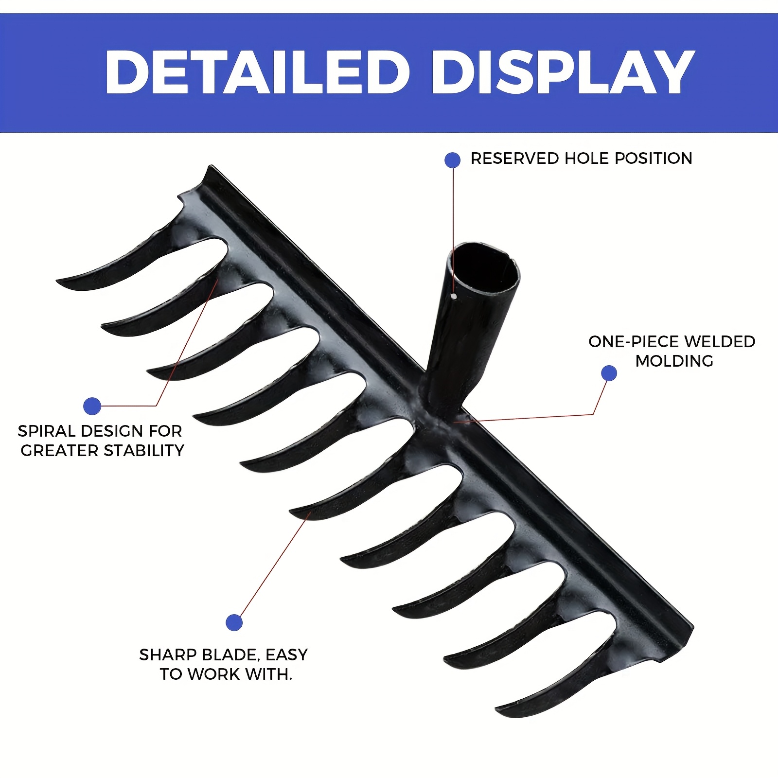 TEMU Heavy Duty 10-tooth Metal Garden Rake - Durable Hand Tool For Weeding, Loosening Soil And Reclaiming Land - Design For Increased Gardening And