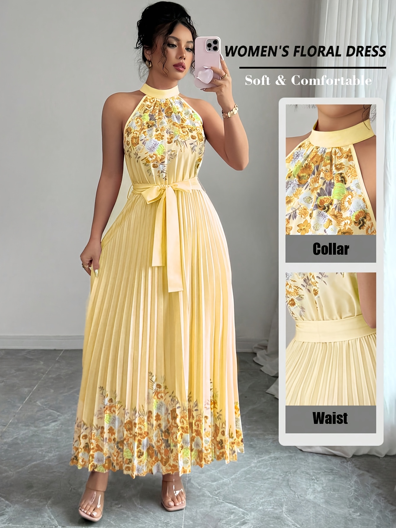 Fashionable New Women'S Summer Halter Floral Print Pleated Dress