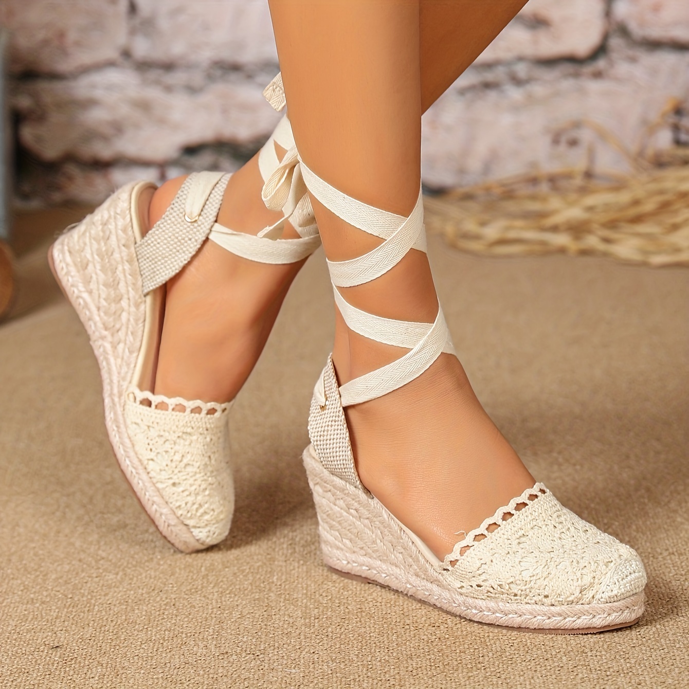 Women's Solid Color Gentle Sandals, Crisscross Straps Platform Crochet  Closed Toe Shoes, Espadrilles Wedge Leggings Shoes