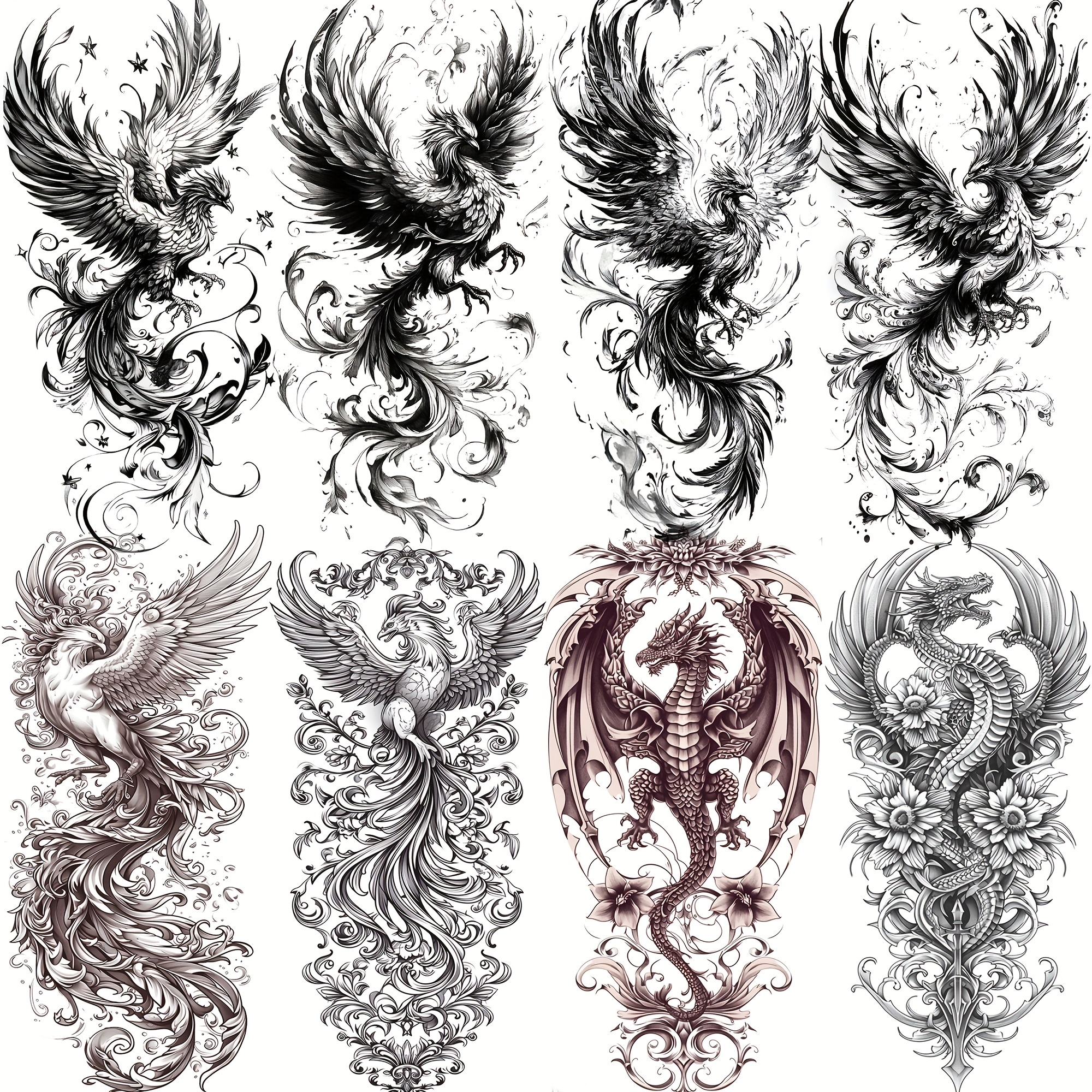 TEMU 8 Sheets Flying Phoenix Temporary Tattoos Women Men Adult Arm Leg Tattoos, Long-lasting Realistic Fake Tattoo Stickers Waterproof Forearm Sleeve