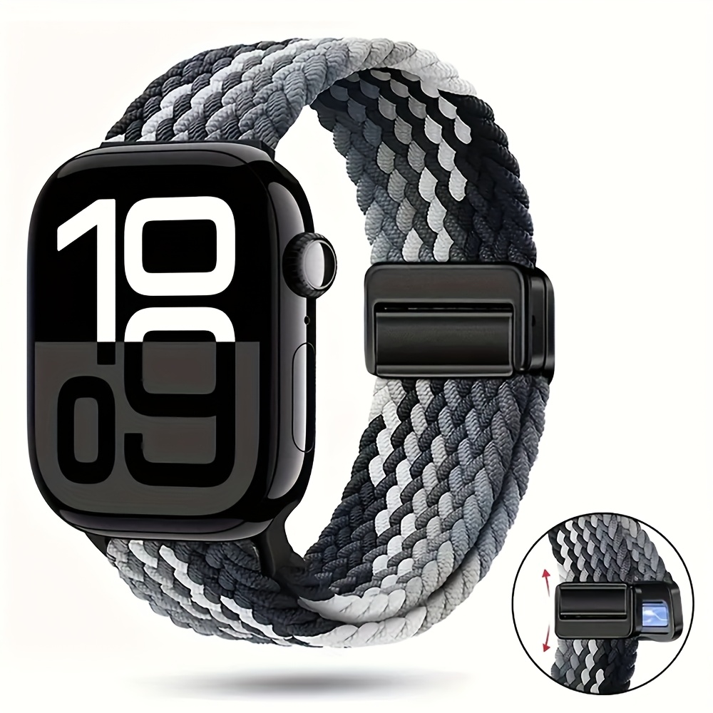 Woven Nylon Elastic Solo Loop Strap Suitable For Watch Series 10 46mm, 42mm Band Series 9/8/7/6/5/se/3 45mm, 44mm, 41mm, 40mm, 38mm Stainless Steel Magnetic Spring Band