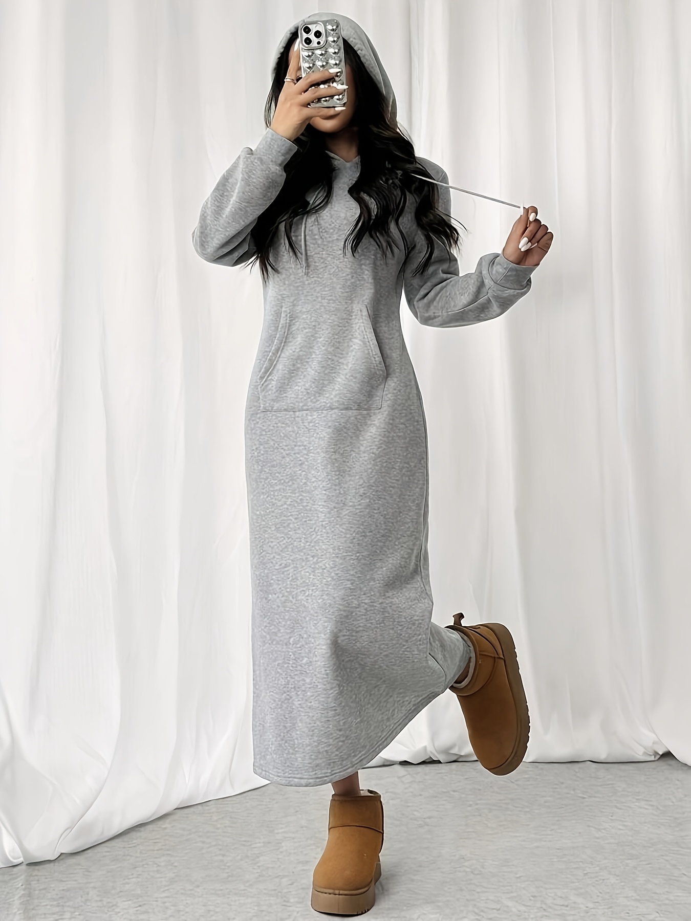 a solid color long hoodie dress women featuring long sleeves - Temu Oman