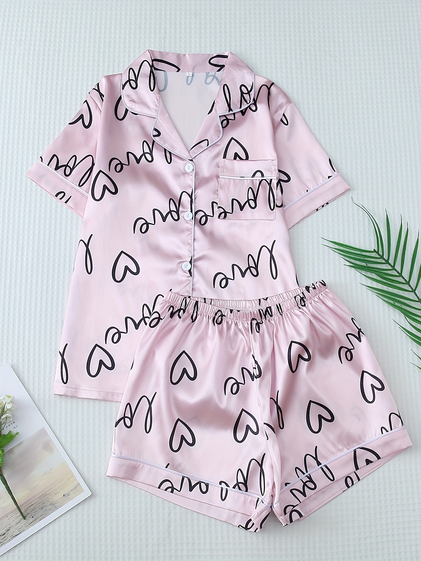 valentine's gifts heart print satin pajama set short sleeve Temu