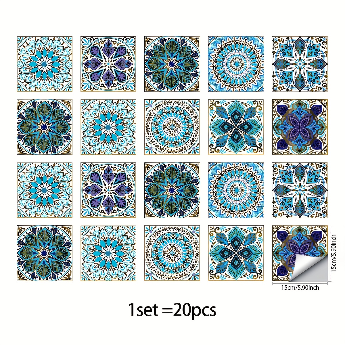 Image of 20pcs/set Of Fashionable Ceramic Tile Stickers Bathroom Mandala Kitchen Tile Stickers Bathroom Wall Stickers Kitchen Back Panel Self-adhesive Decoration