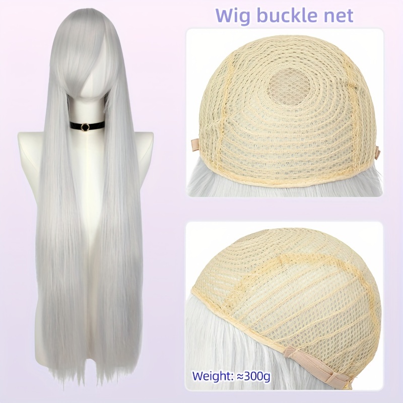 TEMU Perruque Cosplay Anime Blanche Droite de 40" - Cheveux Synthétiques Résistants à la Chaleur avec Bonnet en Filet à Boucle, Parfaite pour