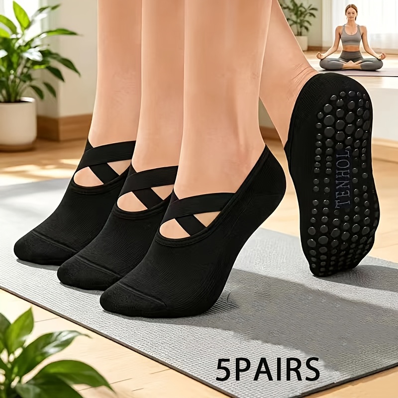 TEMU 5-pair Indoor Professional Pilates Sports Socks With Cross-strap Silicone Anti-slip Socks