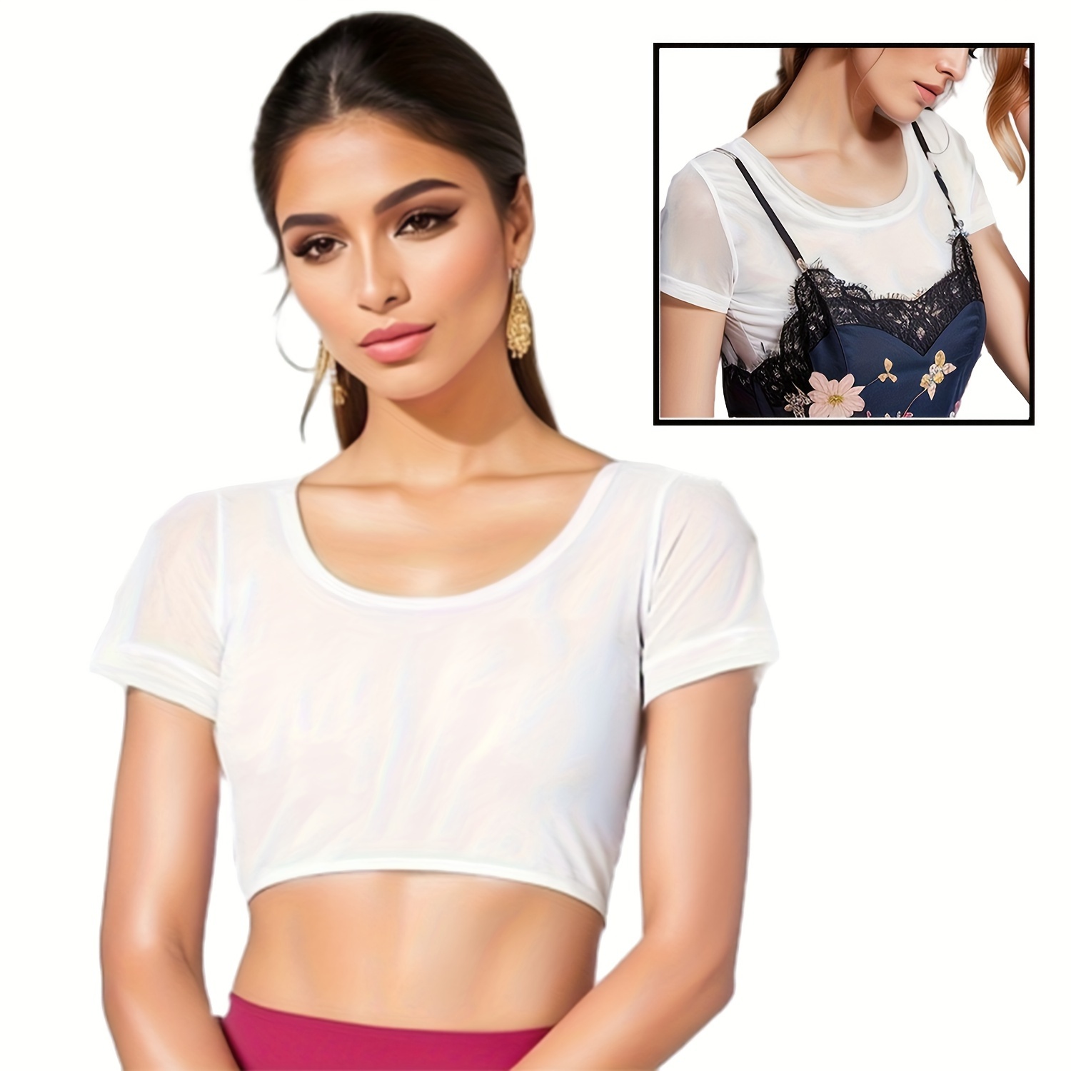 

1pc Women's Sheer Mesh Crop Top With Anti-light Feature, Short Sleeve, Versatile Layering Cami Dress, Dual Front And Single Rear Elastic Lace Panel, Multi-wear Style Blouse