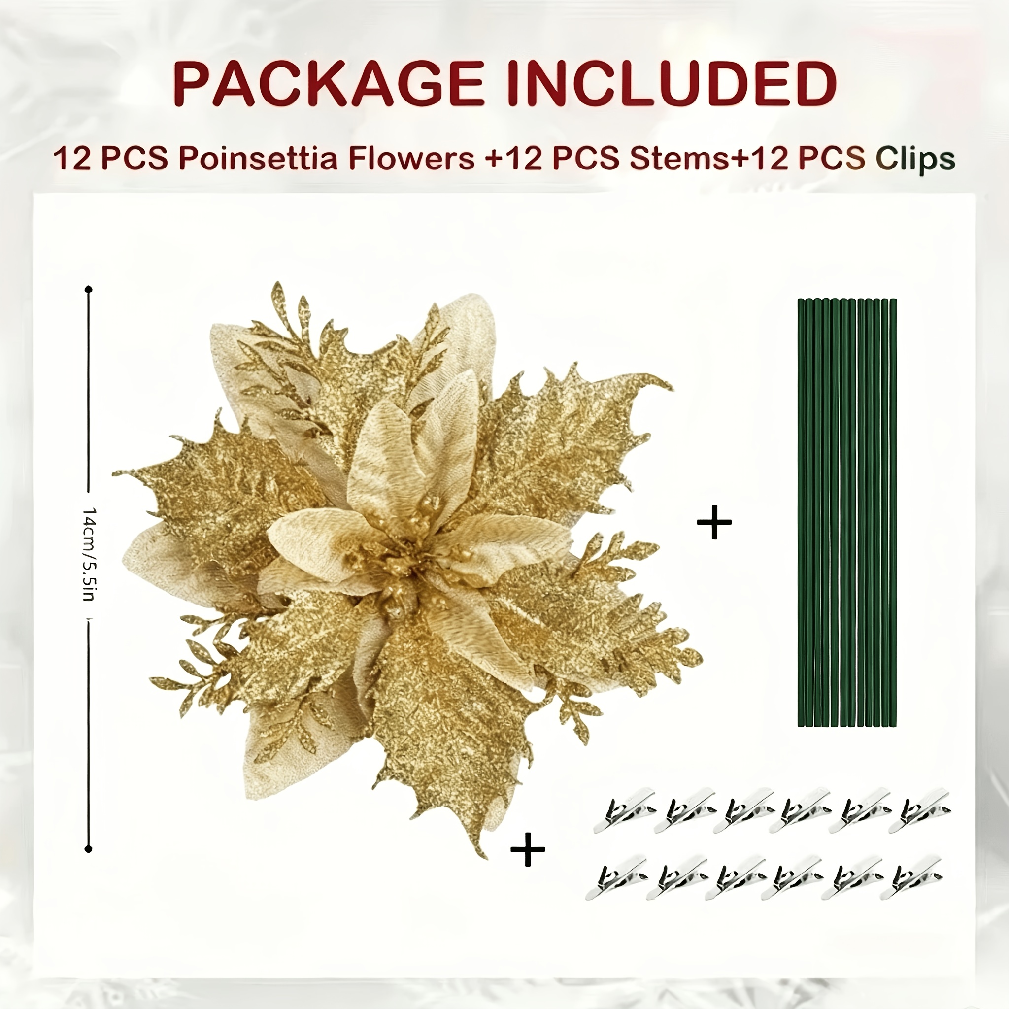 TEMU 36 pezzi Fiori Natalizi Artificiali Dorati con Clip - Decorazione Realistica a , Adatti per Alberi di Natale, Matrimoni, Decorazioni per Feste,