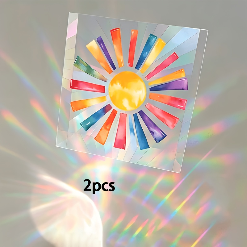 Image of 2pcs Decorative Adhesive Backed Glass Decals, Creative Sun Catcher, Rainbow Sun Pattern Window Glass Stickers, Pvc Double-sided Colored Window Film, Removable Glass Window Decals