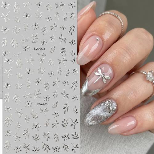 2pcs 3d silvery metallic dragonfly leaf nail art stickers vintage embossed foil foliage designs textured self decals for spring summer music party prom diy manicure decoration for women
