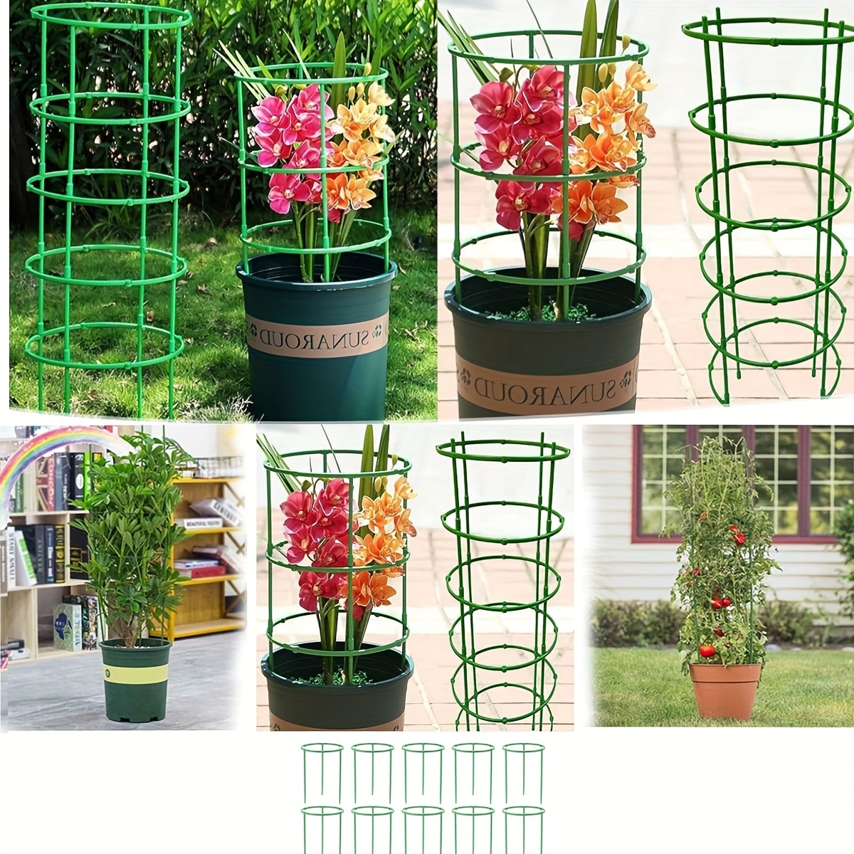 

10-pack Garden Plant Support Cages With Stakes And Stabilizing Rings, Green Plastic Tomato Cages For Indoor Potted Flowers And Climbing Plants
