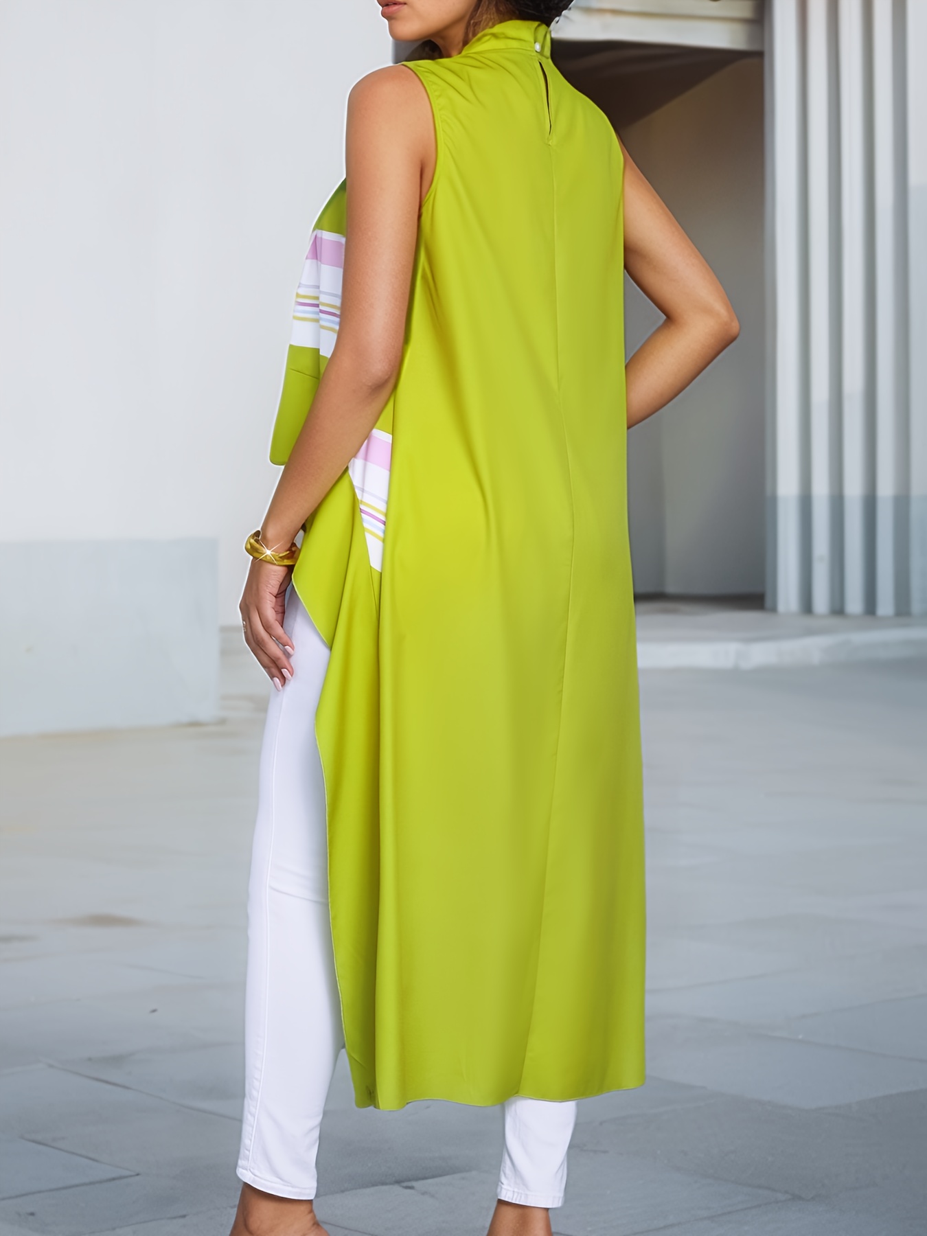 Women's Summer Sleeveless Blouse with Asymmetrical Hem Solid Color  Striped Print Design, Round Neck Machine-Washable Top for Casual Formal  Outfi