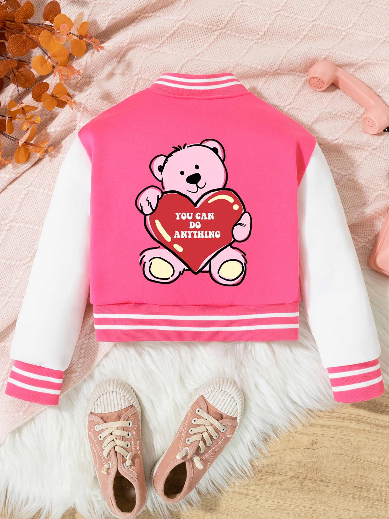 girls cute pink white varsity jacket teddy bear heart print Temu