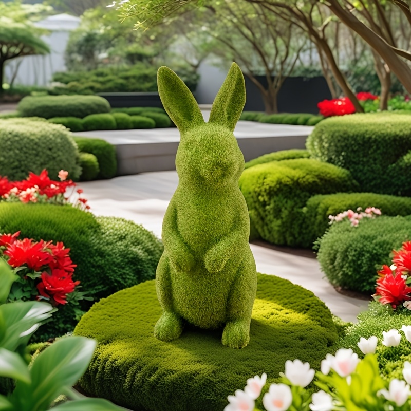 

1pc Classic Easter Bunny Statue - Green Flocked Rabbit With Red Flowers, Resin Outdoor Garden , Yard & Patio Decor