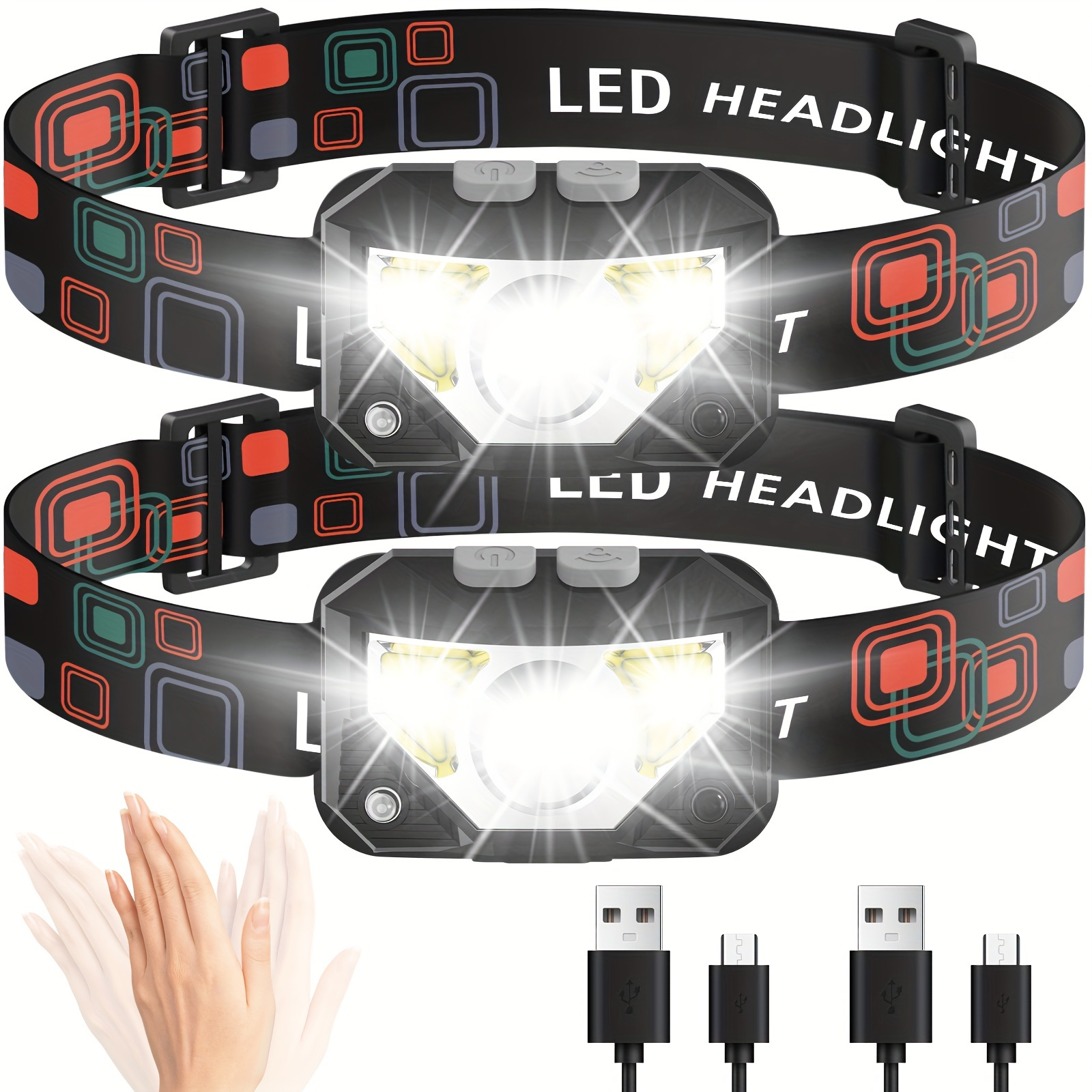 

2pcs Headlamp Flashlight With 8 Mode, Motion Sensor Head Lamp