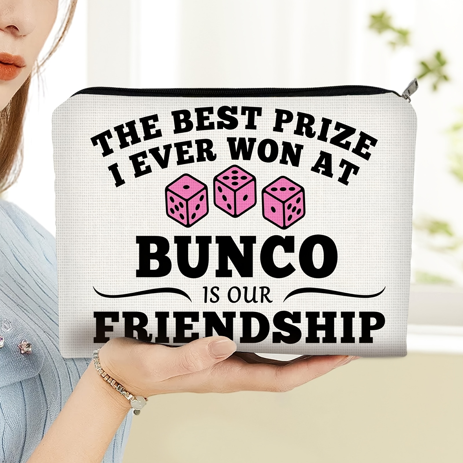 TEMU Bunco Dice And Friendship Text Print Makeup Bag, Double-sided Pattern Soft Cosmetic Pouch, Portable Toiletry Organizer, Suitable For Travel And