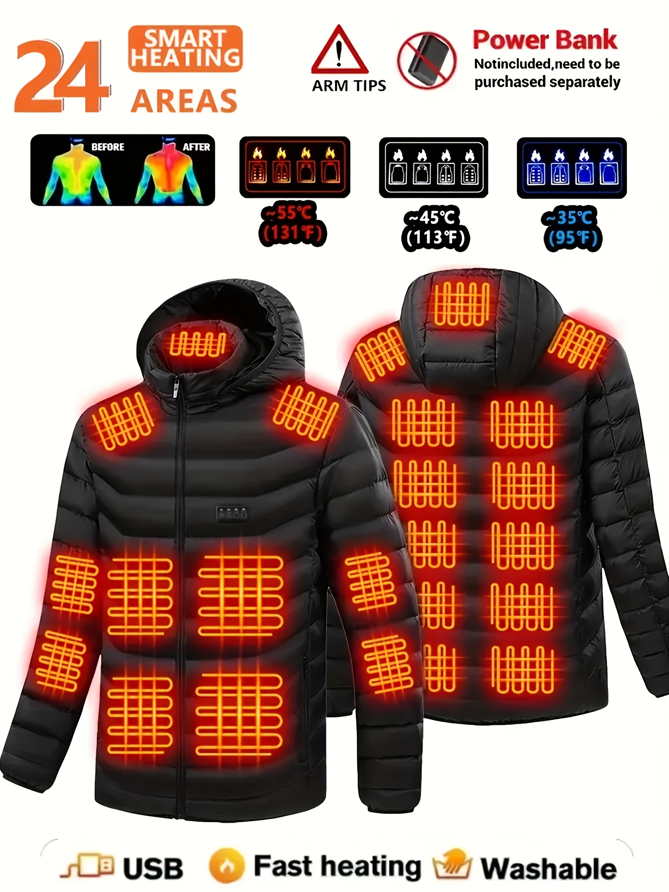 21-zone Heated Jacket for Men and Women - USB Powered Electric Warm Coat with 4 Switches