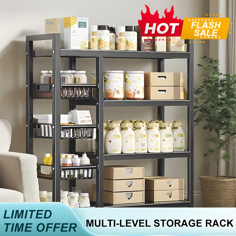 TEMU With Universal Wheel, Movable Kitchen Storage Rack, Metal Kitchen Storage Rack With Open Basket- Floor Stand, Kitchen Storage Rack, Practical Storage Rack For Storing Supplies