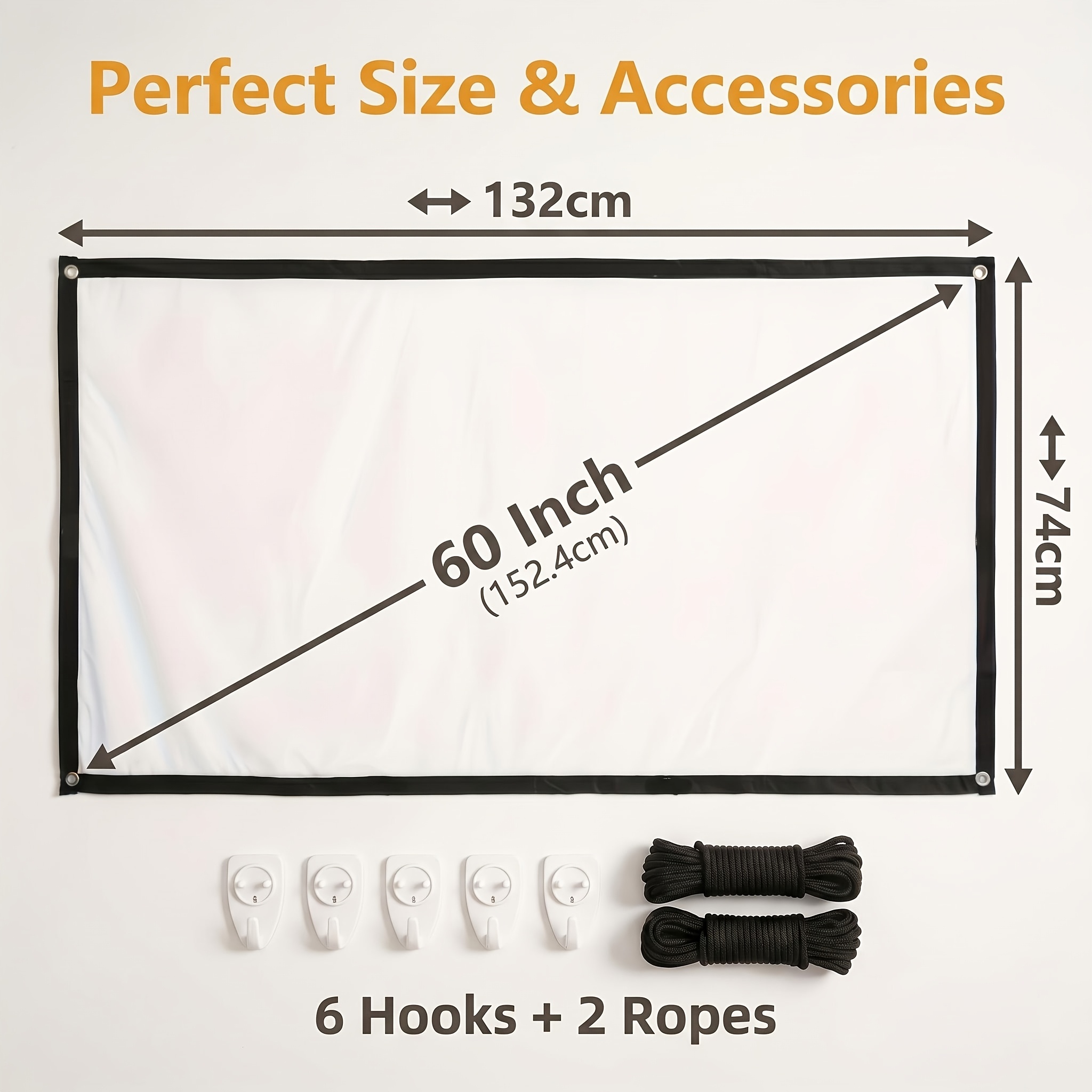 TEMU Écran Pliable Anti-Rides 4K Ultra HD, 132Cmx74Cm/52Inx29In + 2 Lanières + 6 Crochets, Idéal pour Camping, Fêtes, Ajouts Électroniques, Écran