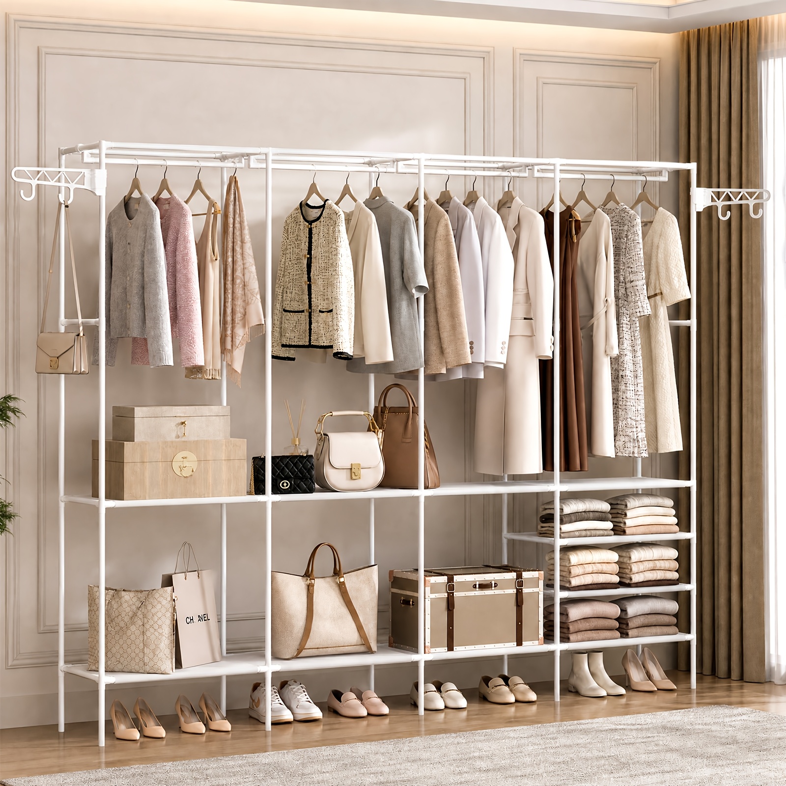 TEMU Porte-manteau autoportant en métal, organisateur de vêtements extensible avec compartiments de rangement et crochets latéraux, portant modulable