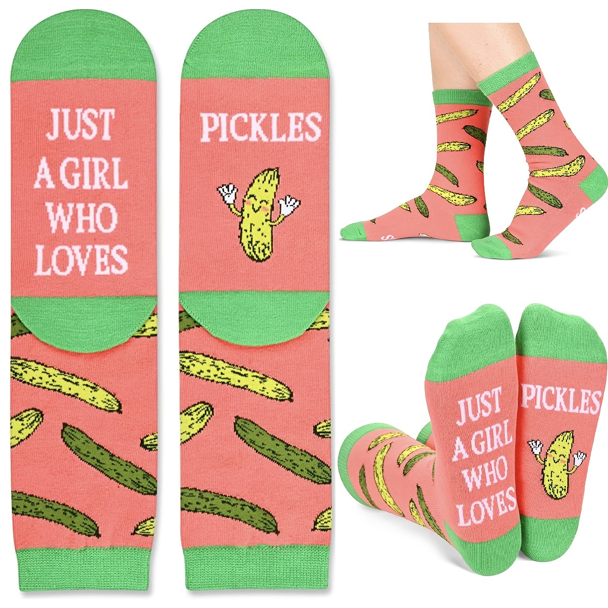 

1 Pair Novelty Pickle Pattern Socks, 97% Polyester 3% Spandex, Alphabet Humor Knit Fabric, Hand Washable, Unisex Funny Gift For Pickle Enthusiasts