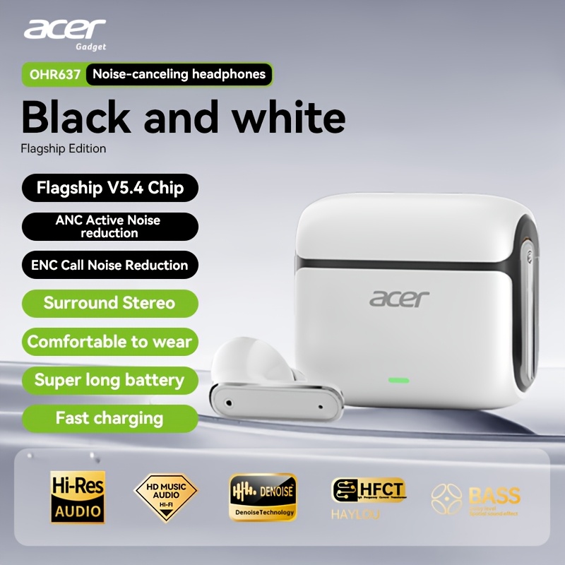 Image of Acer Anc Wireless Wireless Earbuds With Active Noise Cancelling Headphones, Audio, 24h Playtime, 4-mic Call Noise Reduction,, Compatible For / For Travel, Work, Gym, Smartphones/tablets
