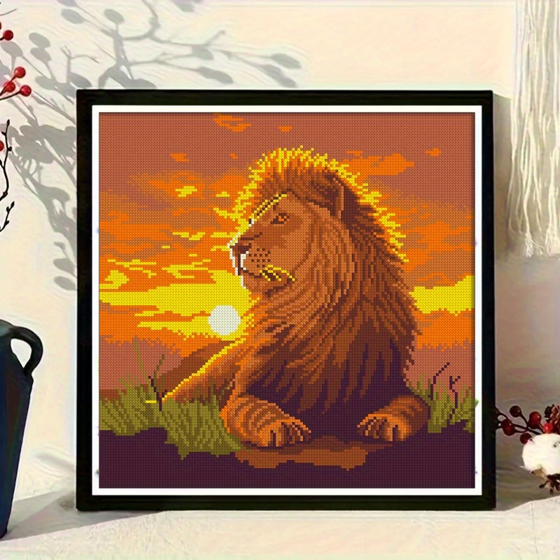 TEMU Un ensemble de kits de point de croix imprimés avec un grand motif Lion. Ce kit de broderie à du tissu 11CT, de fil, une aiguille et des