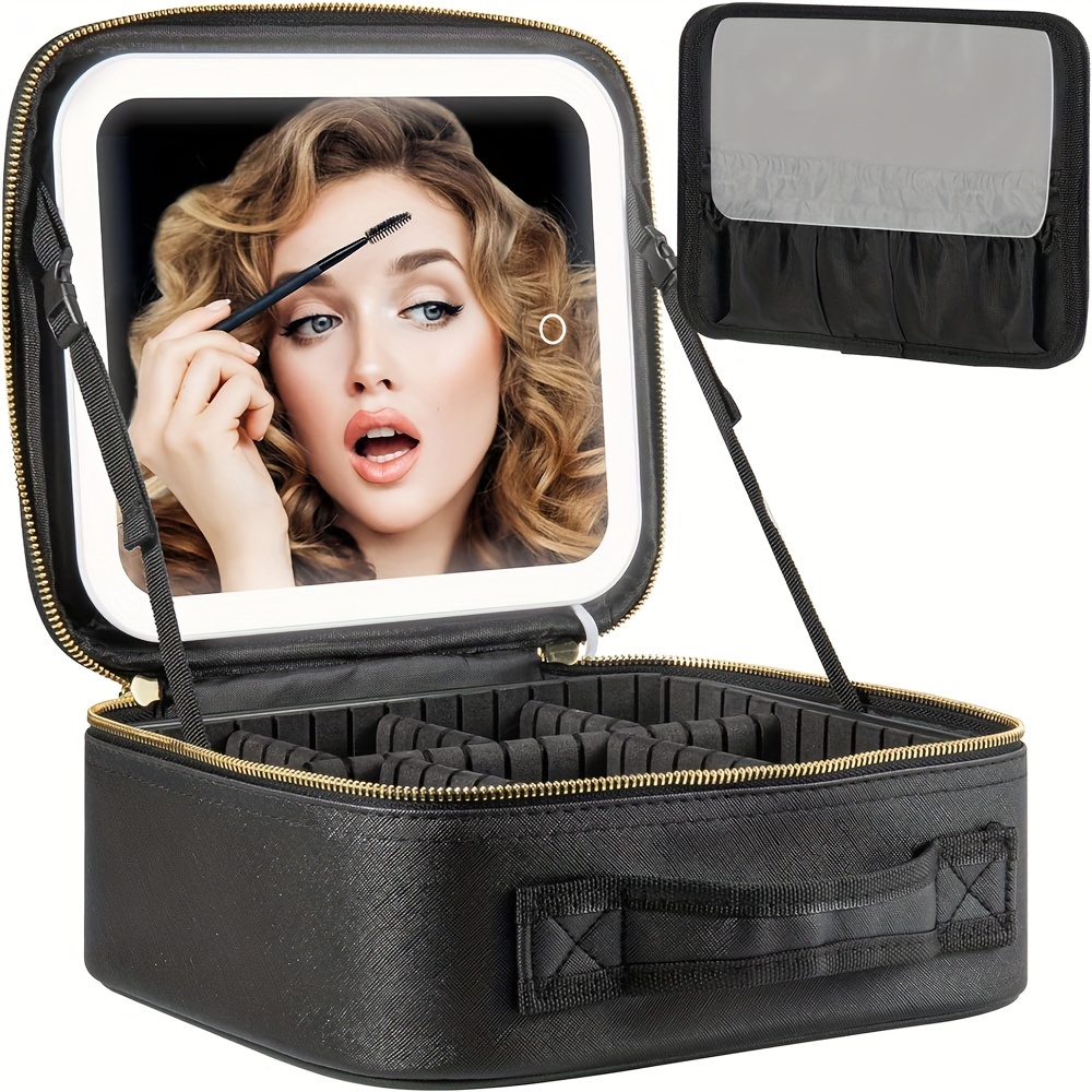 

Makeup Travel Train Case With Led Lighted Mirror, 3 Adjustable Brightness, Cosmetic Bag Portable Storage Case With Adjustable Partition For Makeup Brushes & Jewelry, Gift For Women, Black