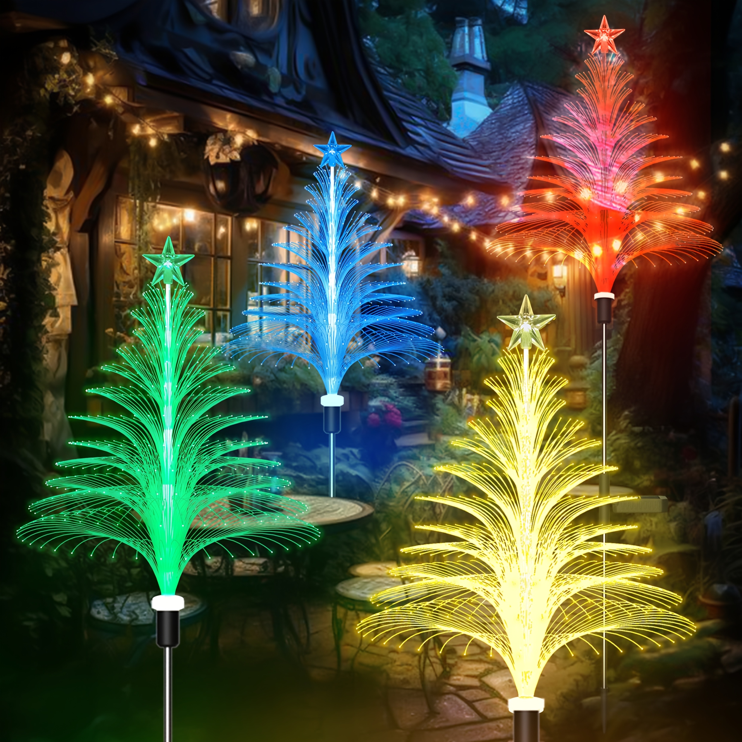 TEMU 4-pack Solar Christmas Tree Lights Outdoor, Solar Christmas Garden Stake Lights, Santa Claus Watering Can 7-color Changing Solar Christmas Tree