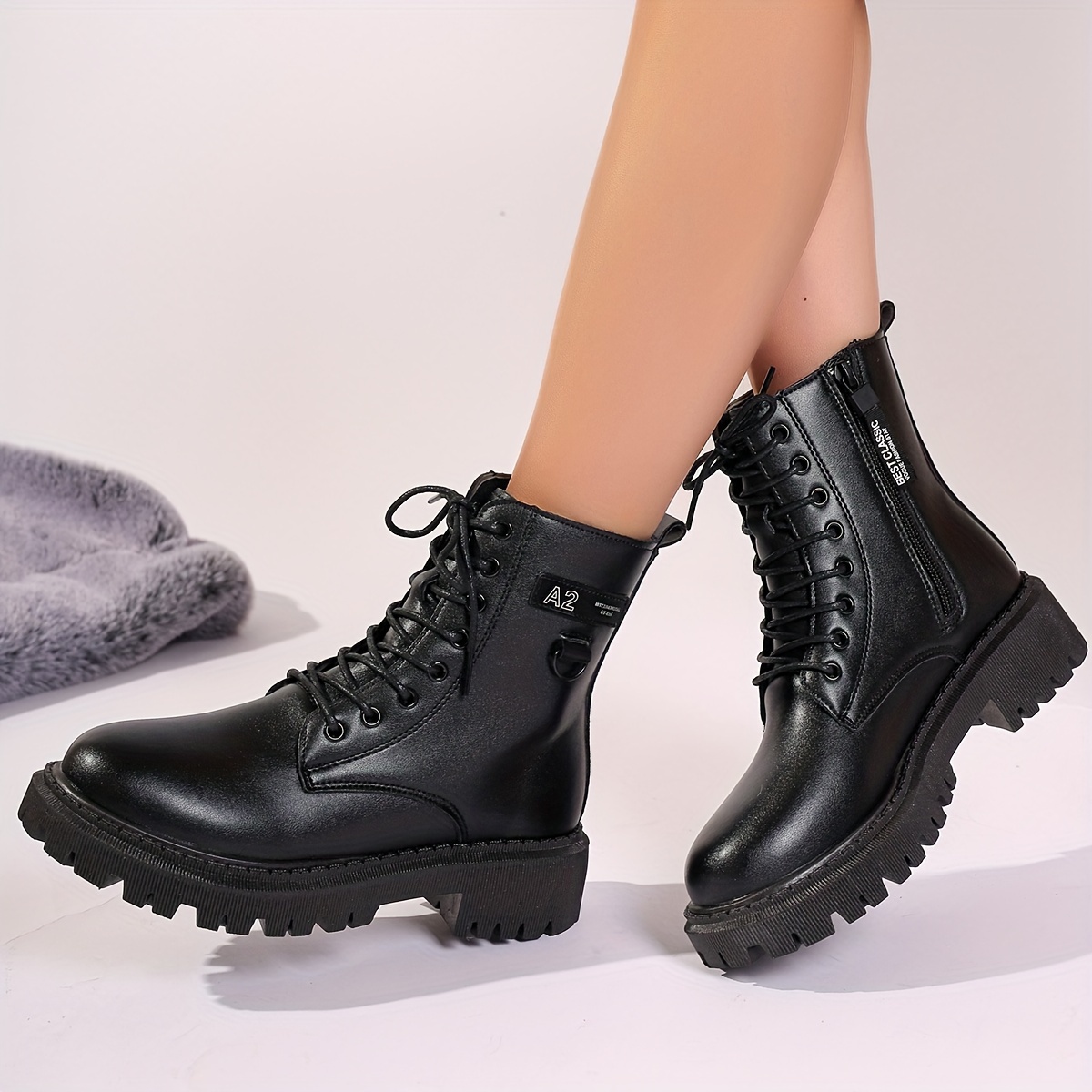 

Women's Solid Color Casual Boots, Platform Side Zipper Soft Sole Walking Boots, Comfort Round Toe Knight Boots