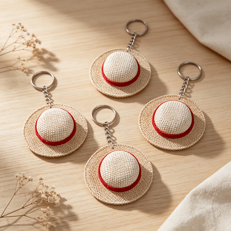 TEMU 4pcs Hat Keychain With Red Ribbon, Summer Hat Vehicle Car Key Ring Charm, Backpack Purse Hanging Ornament, Sweet Holiday Birthday Anime Themed