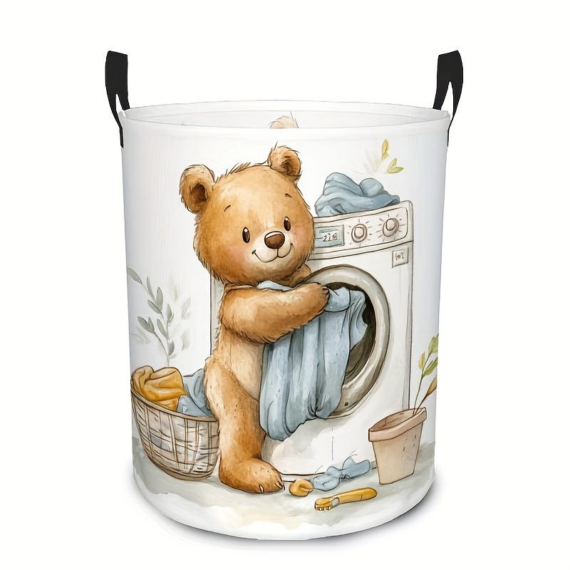 E-shop Ein skurriler beiger Bären-Wäschekorb - ein großer, runder Polyesterbehälter mit Griffen, mit einem niedlichen Cartoon-Bären-Design, zum