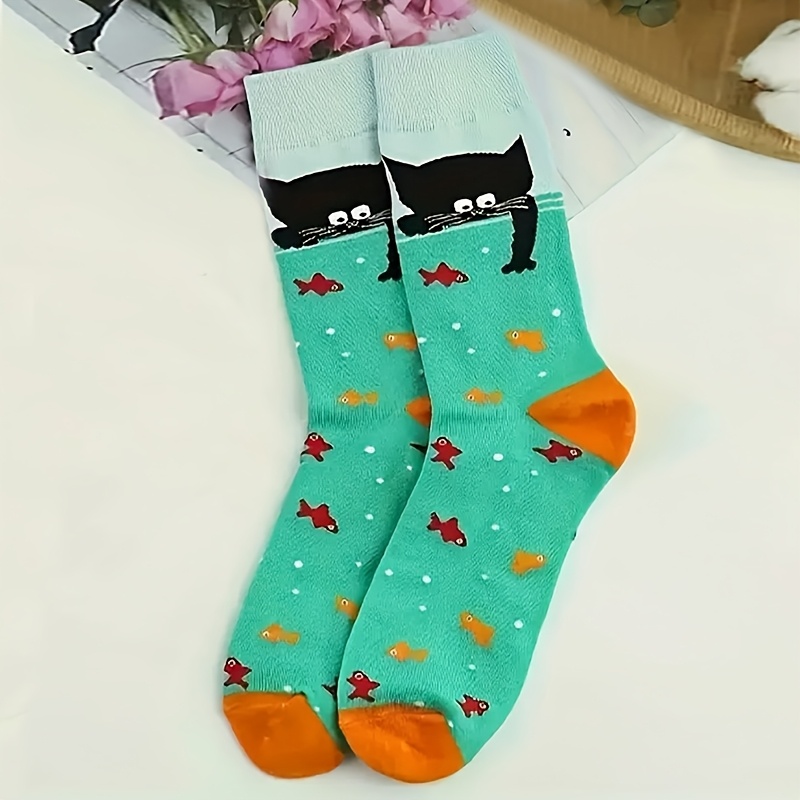 TEMU 1/5-pair Mid-calf Socks, Cat Fishing Cartoon Pattern, Polyester Fabric With Contrasting Heel Color, Men's Couple Socks Suitable For