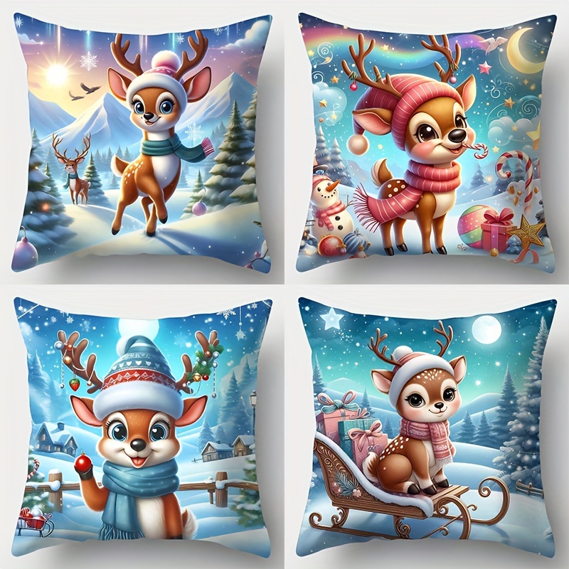 

Adorable Christmas Deer 4pcs Pillow Cover Set - Festive Polyester Cushion Cases For Living Room Decor, Zip Closure, Hand Wash Only, Fits 17.7" X 17.7" Throw Pillows (inserts Not Included)