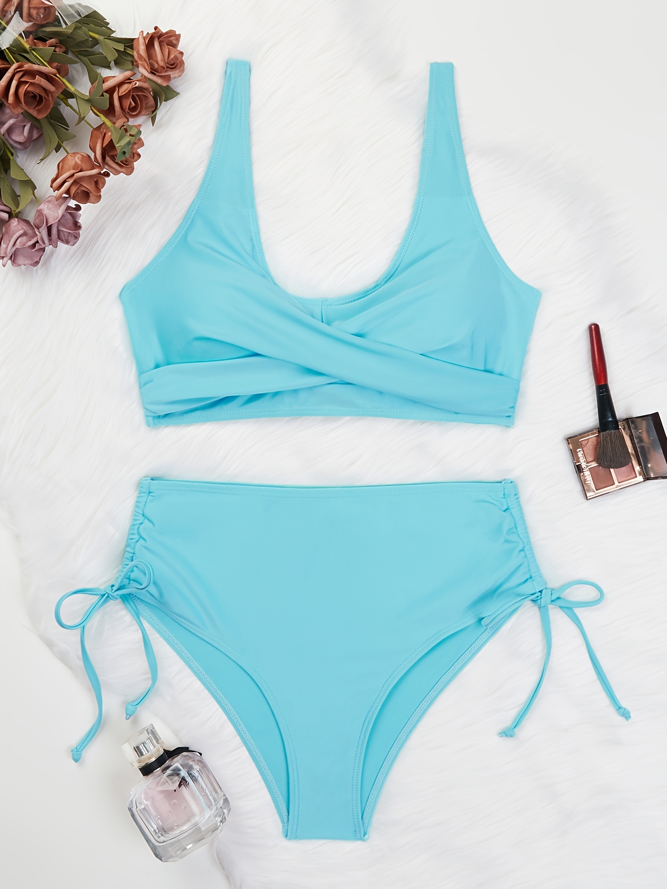 Drawstring Lace Up Plain Piece Set Bikini, Tie Back Twist Stretchy V Neck  Swimsuit For Beach Pool Bathing, Women's Swimwear Clothing