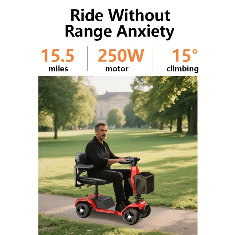 the four wheel electric scooter is foldable with a 250w motor 24v 12ah battery 15 5 mile range 8 inch solid tires 300 lb load capacity removable basket front headlight rear anti tilt wheels and easy     Product details 1