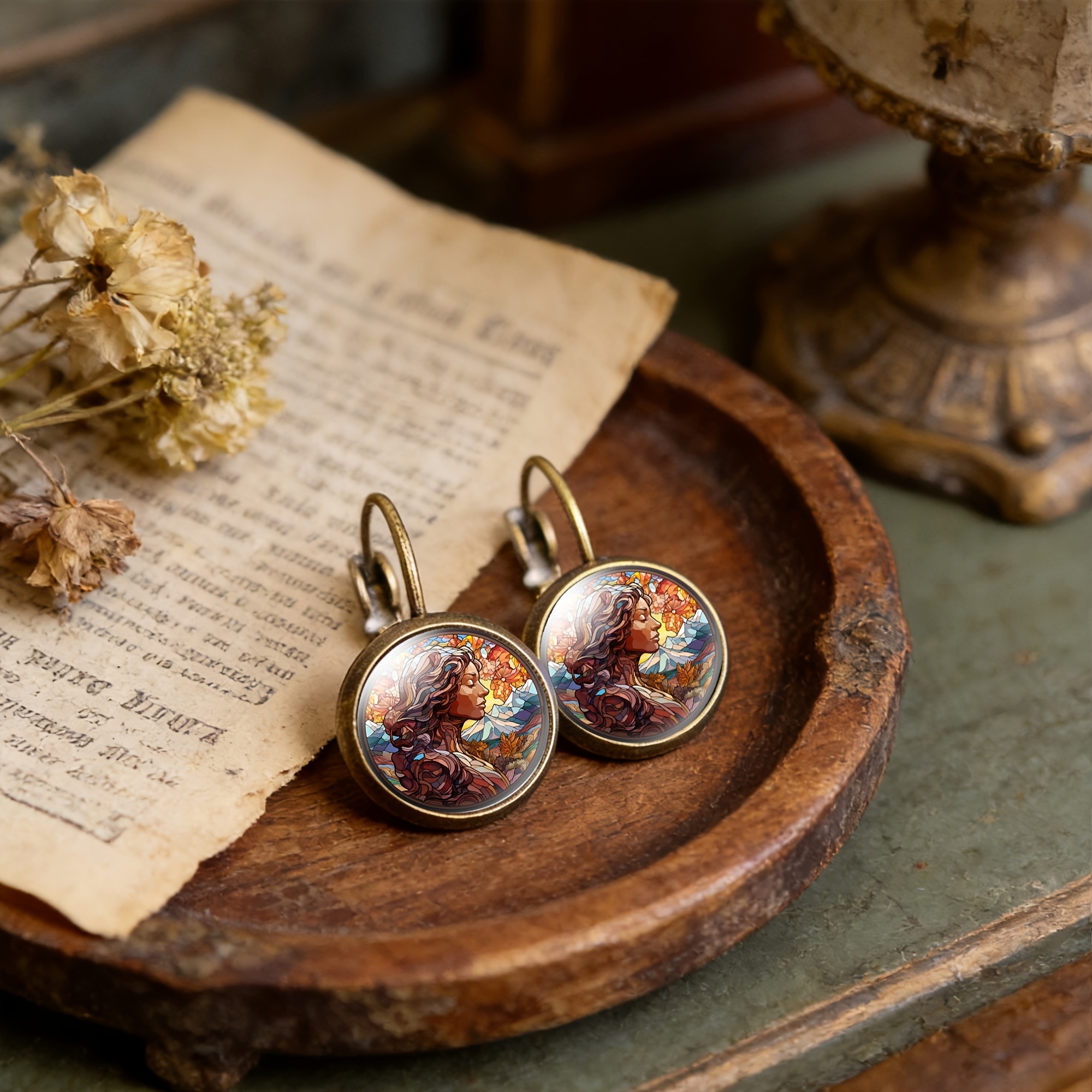Antique Cyan Round Classical Earrings with Ear Hooks