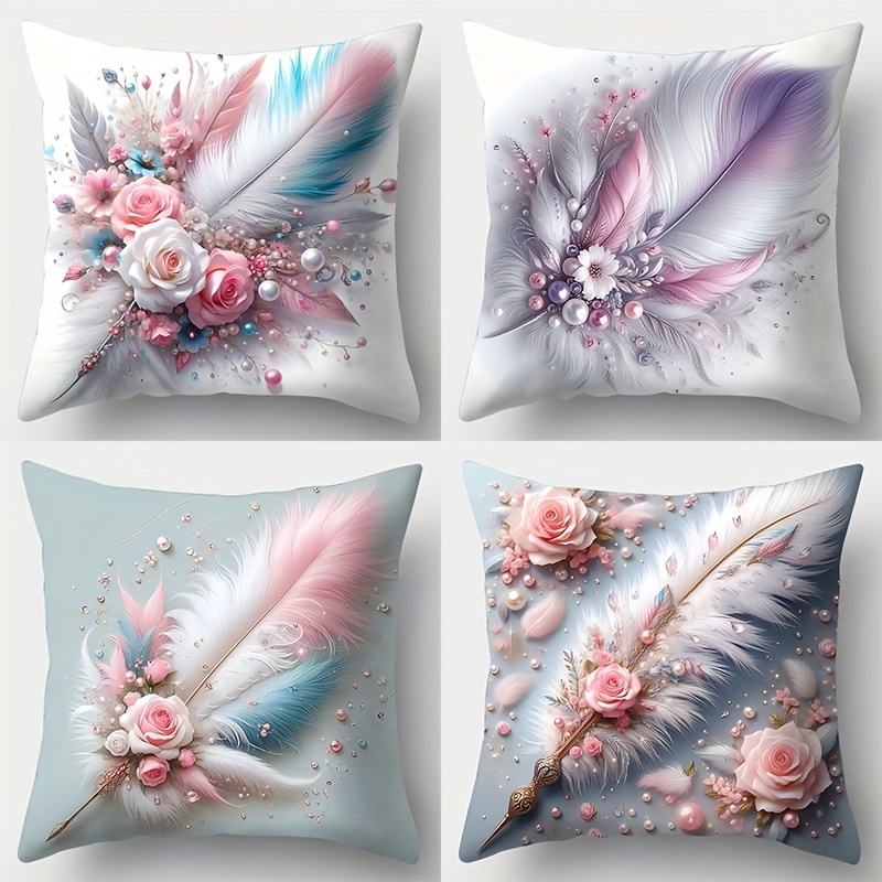 

4pcs Set, Home Sofa Pillowcase, Rose Feather Pillowcase, 17.7"*17.7", Single-sided Print, Home Decoration, Sofa Waist Cushion Cover, Pillowcase Without Pillow