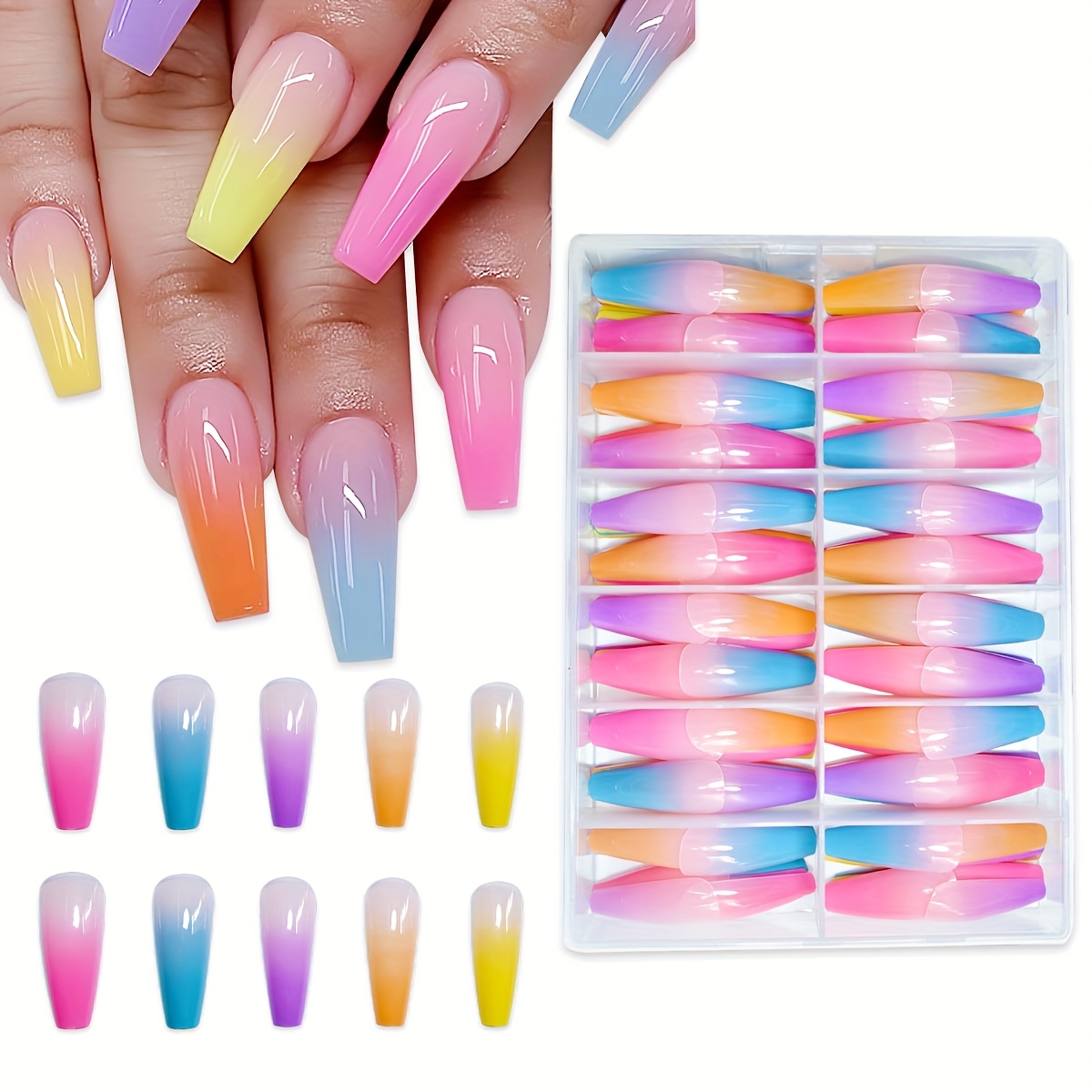 TEMU 288pcs Medium-long Ballet Stiletto Press-on Nails Rainbow Gradient Glossy Seamless Minimalist Salon-quality Easy-apply Reusable False Nail Set For Bridal, Wedding, Party & Daily Wear