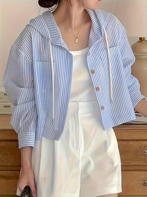 womens versatile single breasted striped color block cropped loose fit vacation long sleeve sun protection hooded shirt