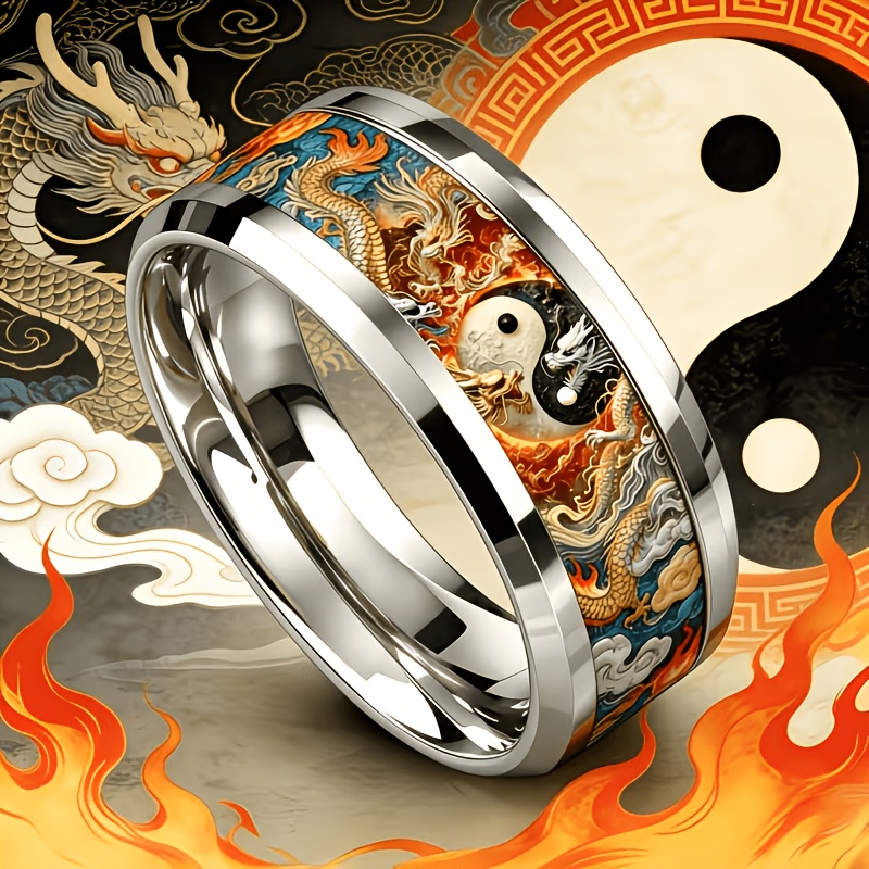 Taiji Nine Dragons Enamel Stainless Steel Ring