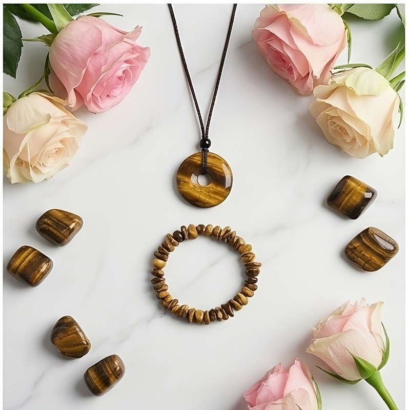 3pcs Natural Tiger's Eye Stone Protection Necklace & Crushed Stone Bracelet Suitable for Women's Bohemian Jewelry Gift Box Set, Courage Wealth Attraction Stone Jewelry for Weddings, Parties, Daily Wear - Gift for Girlfriend, Best Friend, Year-Round