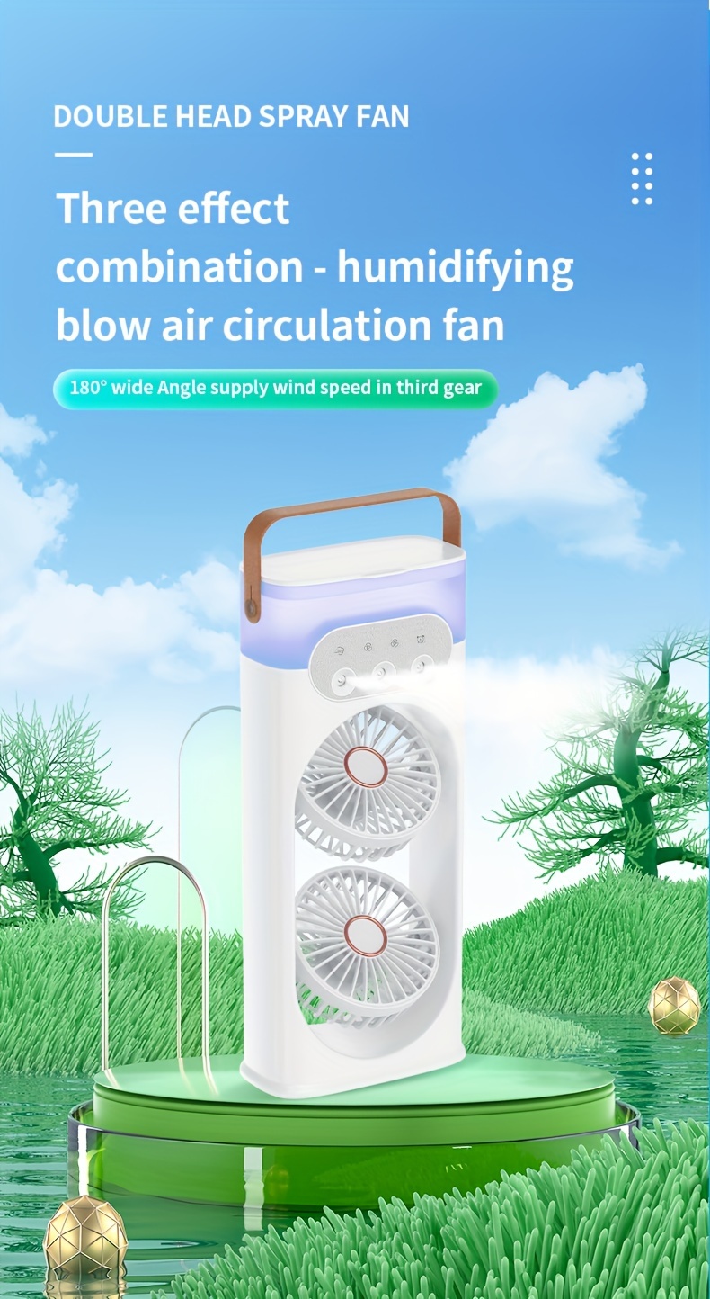 portable usb dual fan with humidifying misting feature painted plastic table fan for indoor and outdoor cooling   operation with button control multi component accessory no battery required details 4