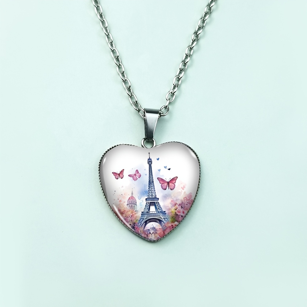 3pcs Butterfly Eiffel Tower Heart Necklace & Earring Set