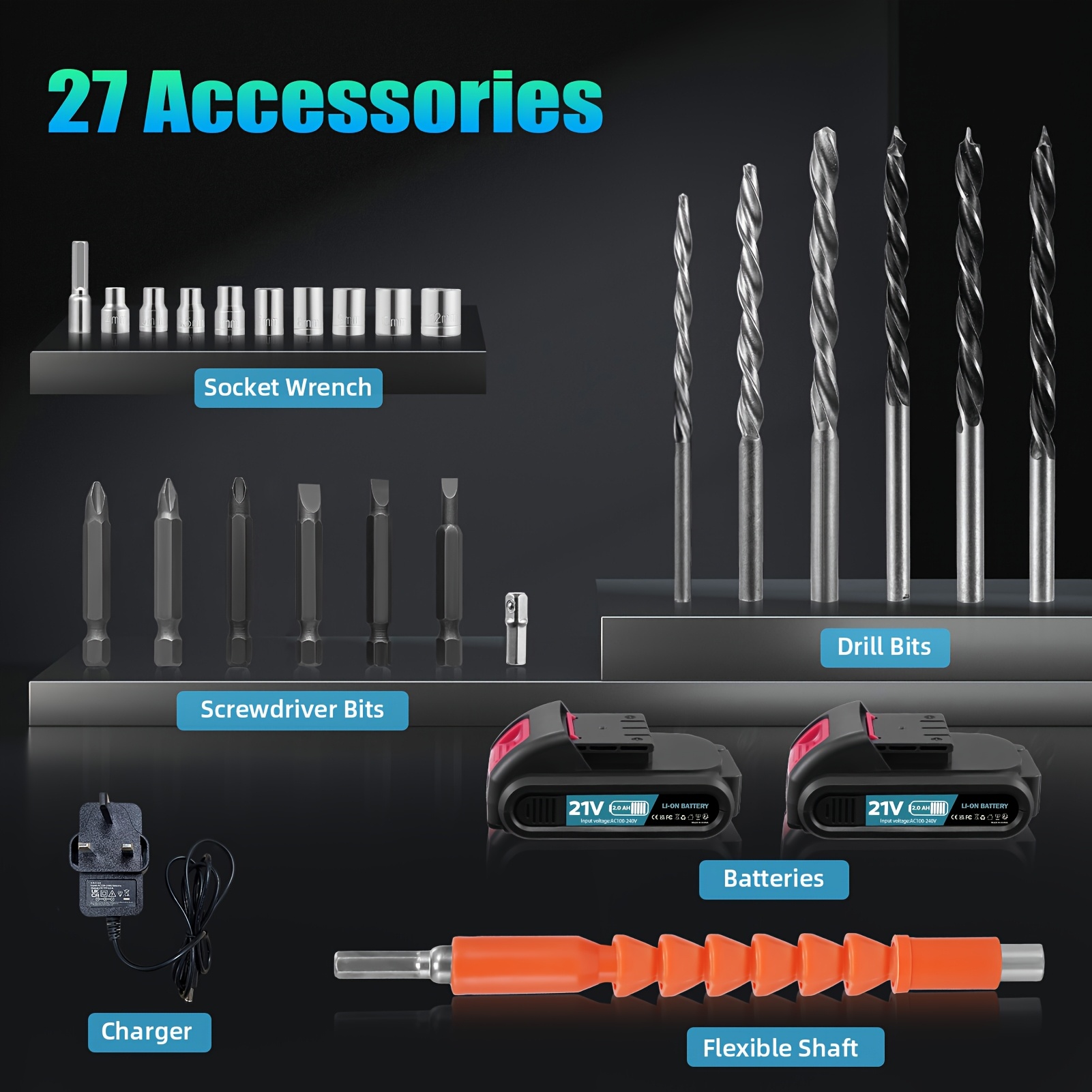 TEMU 1 Set Cordless Electric Screwdriver, Cordless Drill, Drill Set Torque , 2-speed , Built-in Led Light, Come With 2*2000mah Lithium Batteries,