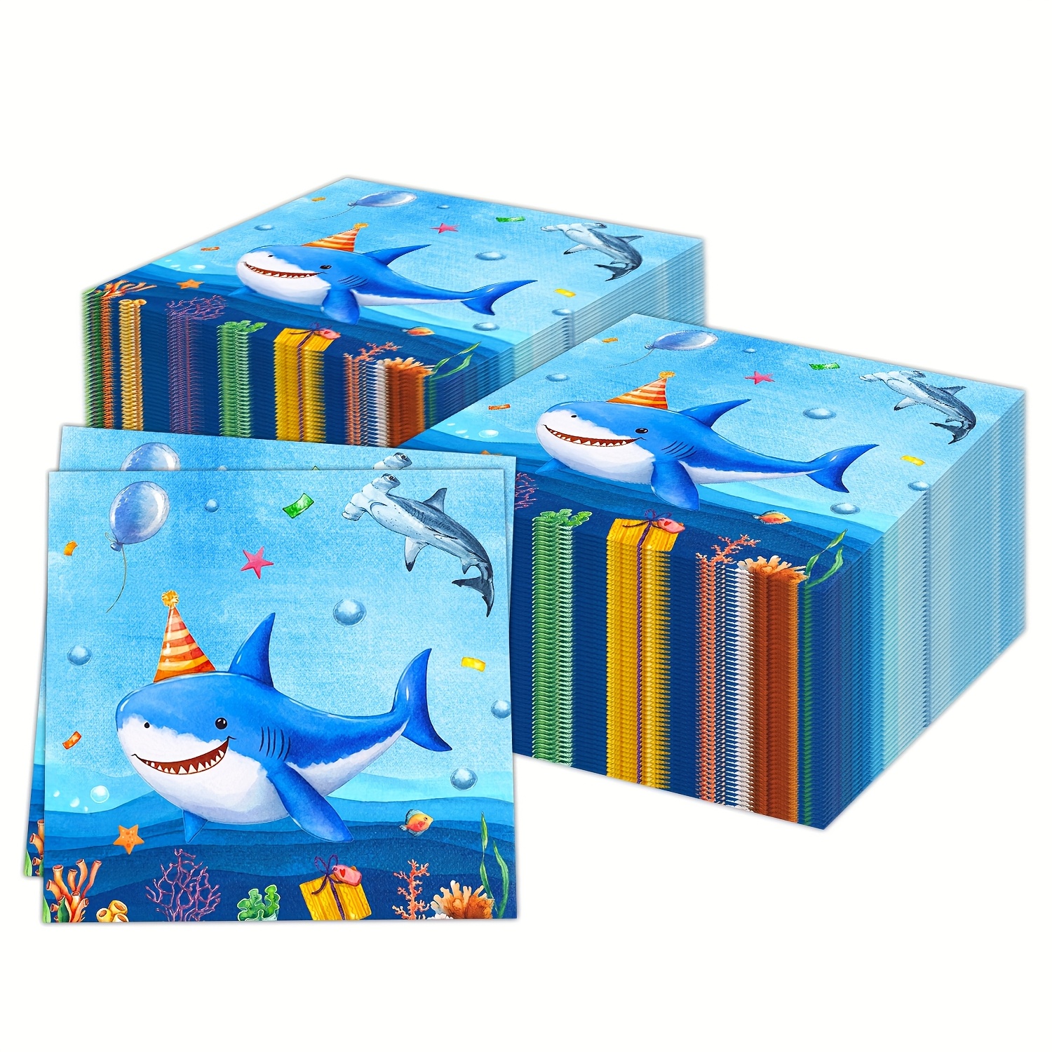 Image of 20 Shark-themed Napkins, Perfect For A Birthday Celebration, Disposable And Ideal For An Ocean Or Under-the-sea Baby Shower Party