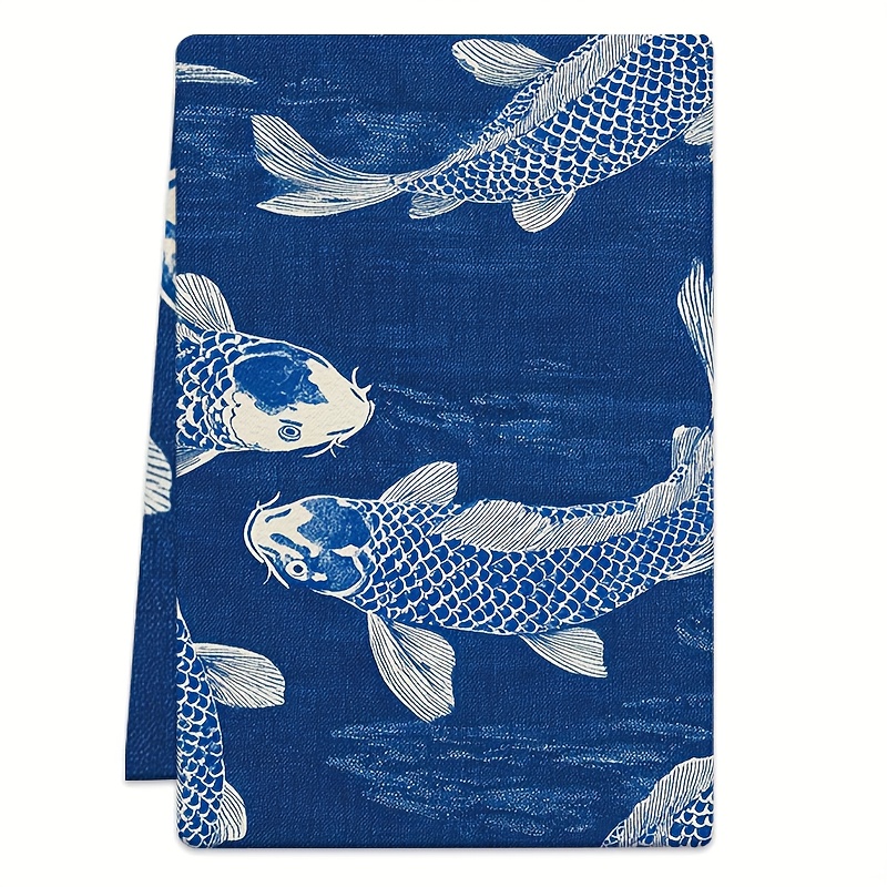TEMU 1pc Dish Towel 18x26 Inches, Koi Fish, Blue, Pattern, Microfiber Absorbent Kitchen Hand Towel, Suitable For Home Kitchen Cooking, Baking,