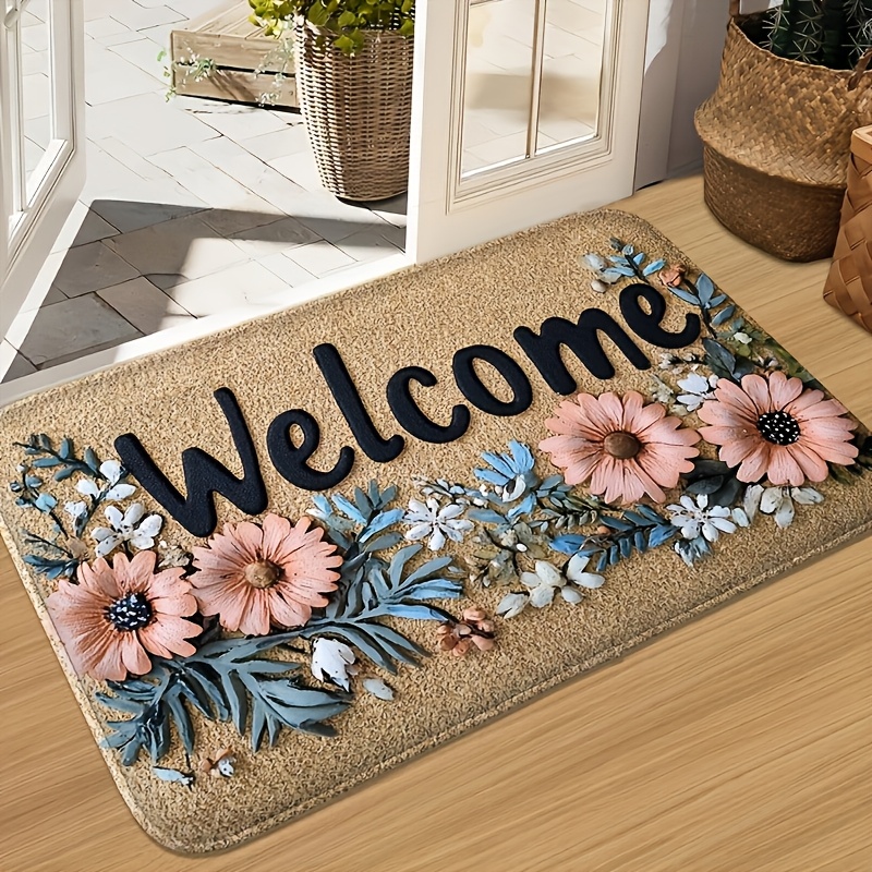 TEMU 1pc 450 Grams Per , 1 Cm Thick Machine Washable Door Mat - Floral With Rubber Backing, Absorbent Polyester Mat Suitable For Bathroom, Kitchen,