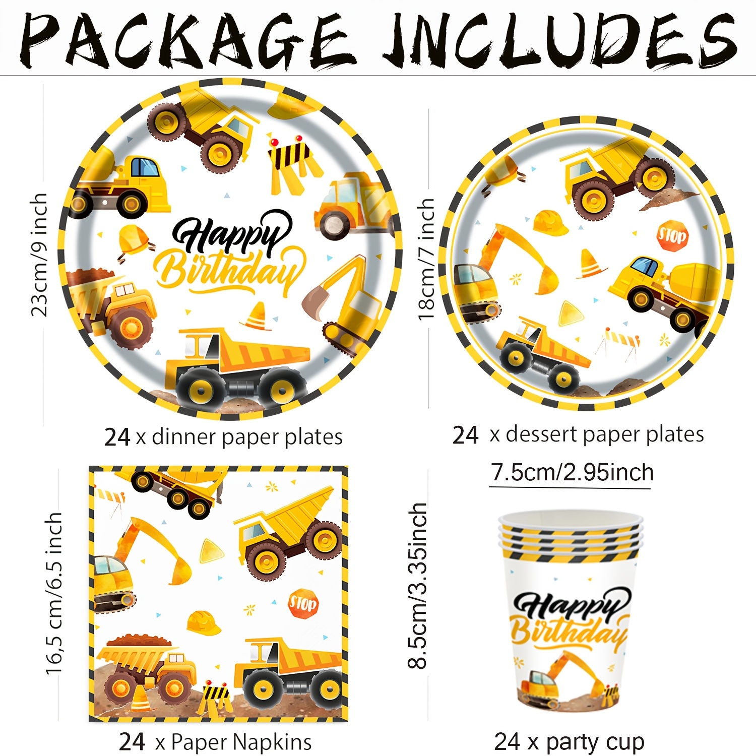 Image of 96pcs Construction Party Tableware Set Perfect For | Dump Truck Excavator Yellow Vehicle Theme | Heavy Duty Disposable Paper Dinner Dessert Plates Cups Napkins | Kids Boy Birthday Party Decors