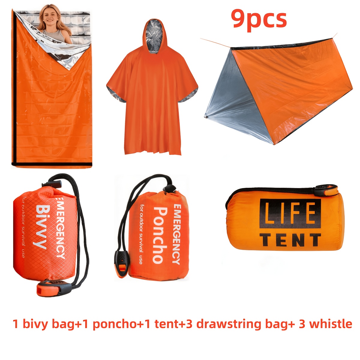 TEMU 9pcs Outdoor Survival Gear Suitable For Camping & Hiking - Insulated Tent, Sleeping Bag, Shelter With Portable Tent, Storage Bag & Survival